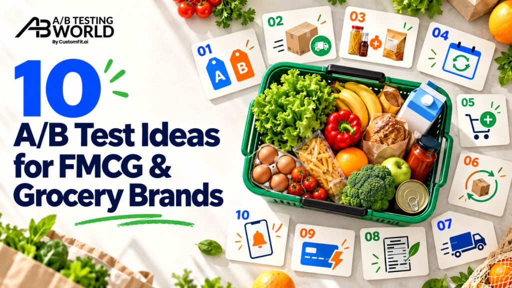 10 A/B testing ideas for FMCG and grocery ecommerce brands featuring a grocery basket and experiment concepts.