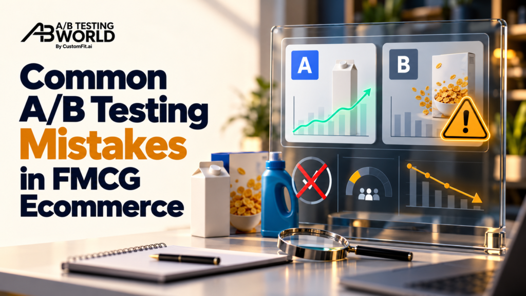 Common FMCG ecommerce A/B testing mistakes illustrated through variant comparisons, misleading results, and warning indicators.