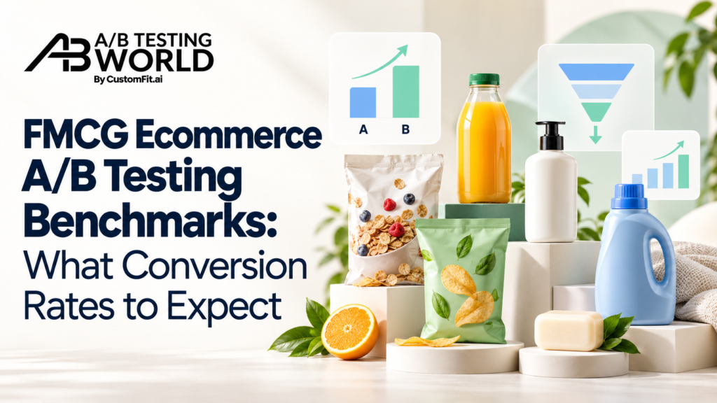 FMCG ecommerce conversion rate benchmarks featuring grocery products, A/B testing charts, and performance analytics.